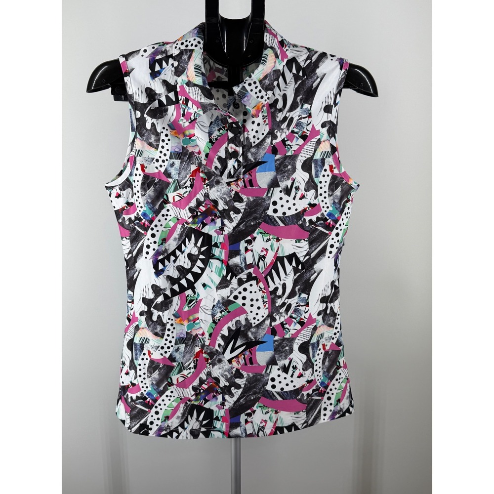 Swingdish Womens Sleeveless Golf Polo Shirt Abstract Print Pink Black White S‎